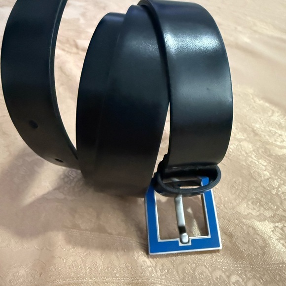 Valentino Garavani Black Leather Belt with Blue Buckle